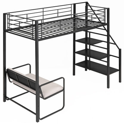 Twin Size Metal Loft Bed with Bench and Storage Staircase