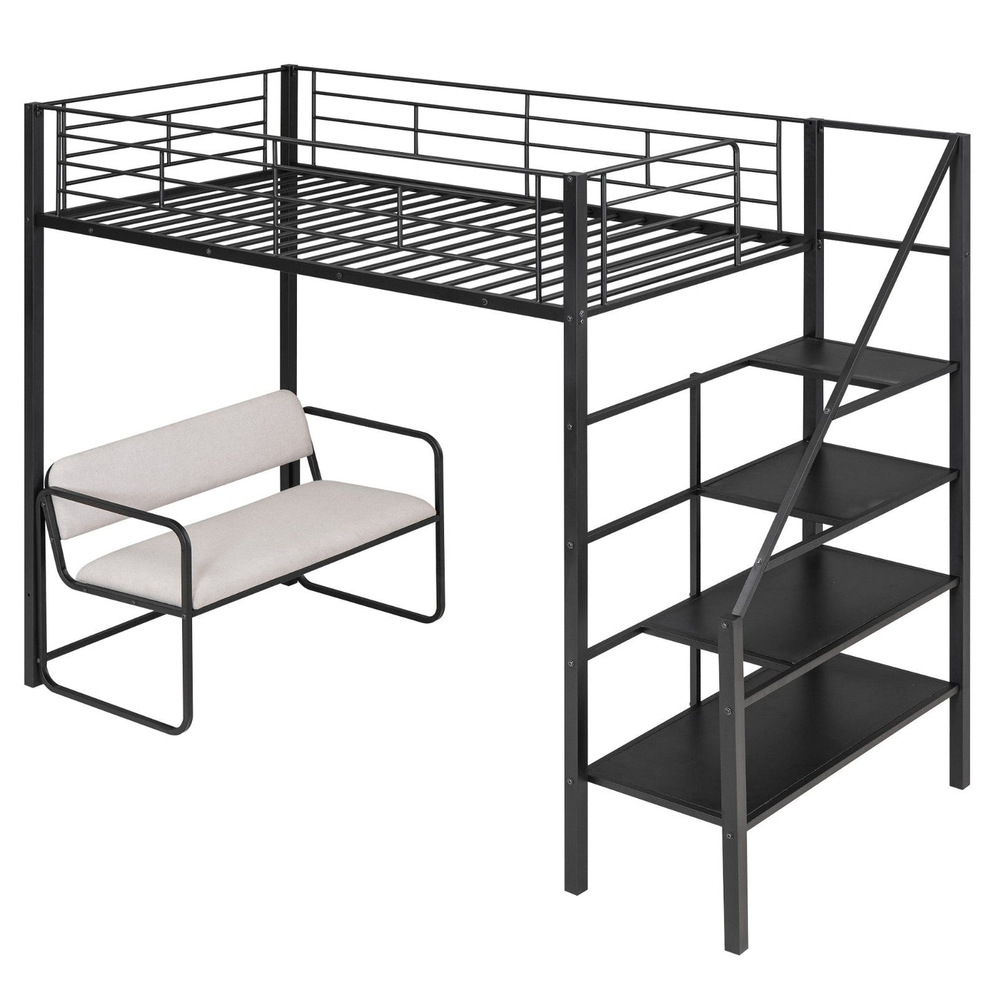 Twin Size Metal Loft Bed with Bench and Storage Staircase