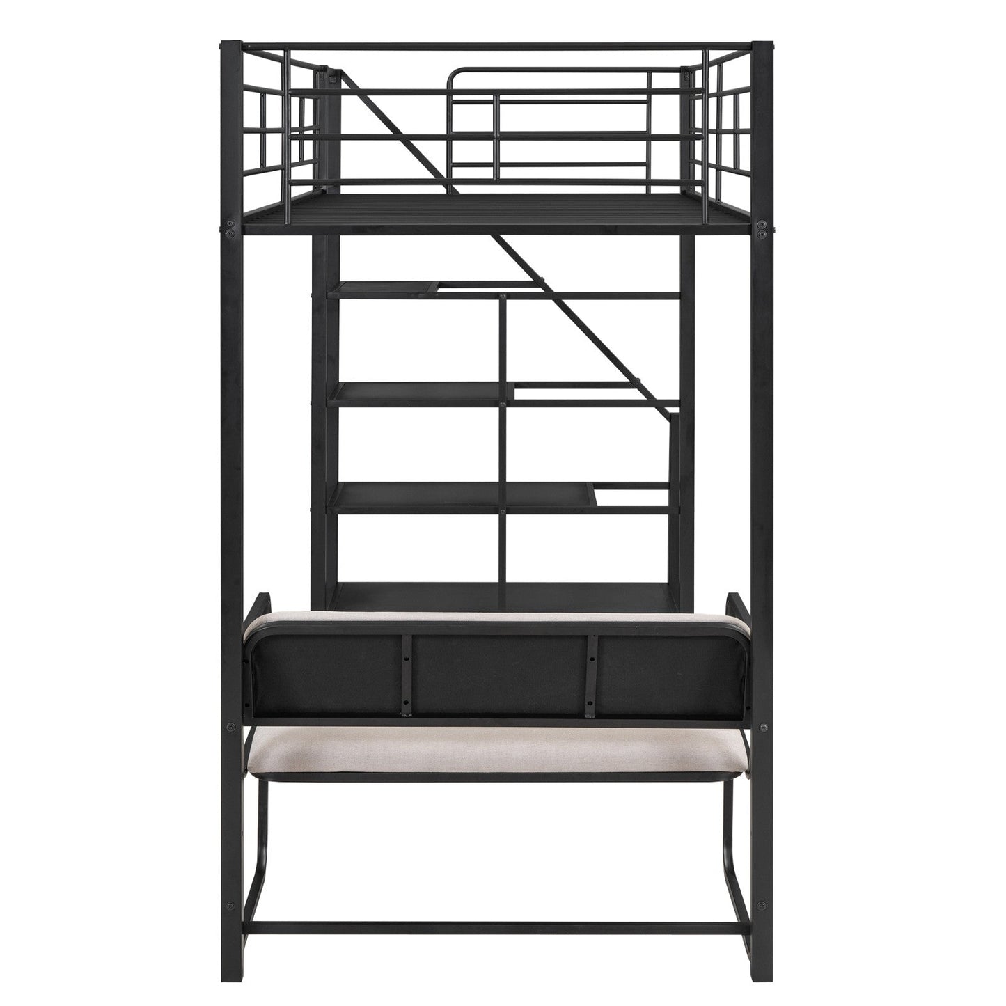 Twin Size Metal Loft Bed with Bench and Storage Staircase