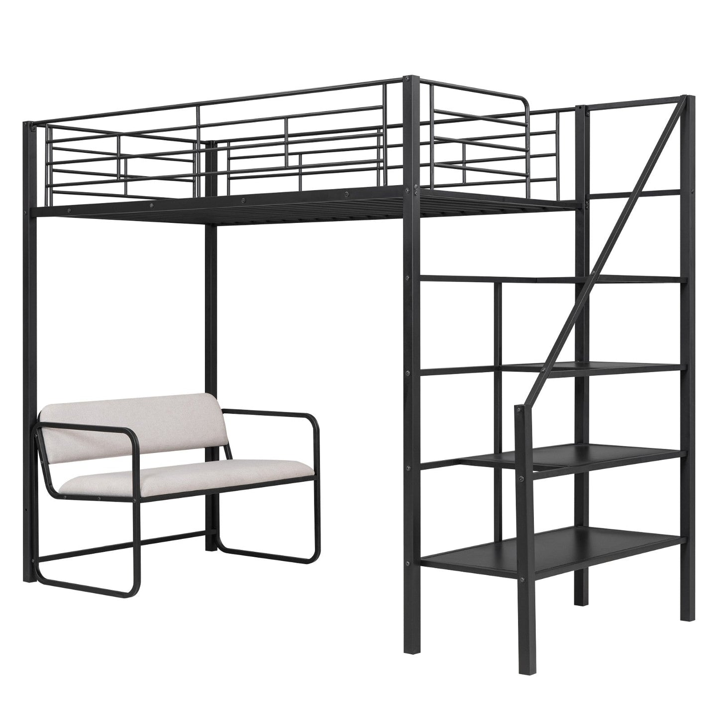 Twin Size Metal Loft Bed with Bench and Storage Staircase