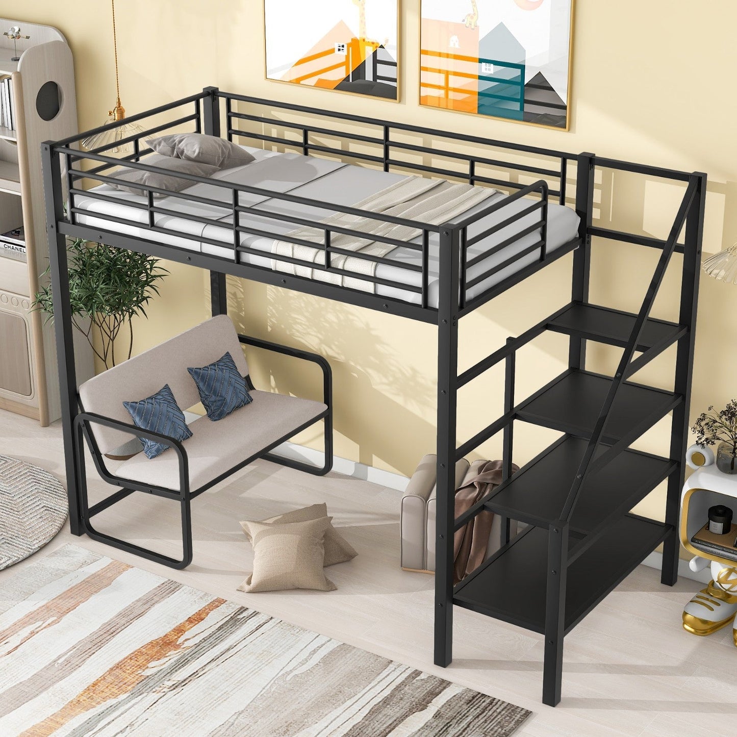 Twin Size Metal Loft Bed with Bench and Storage Staircase