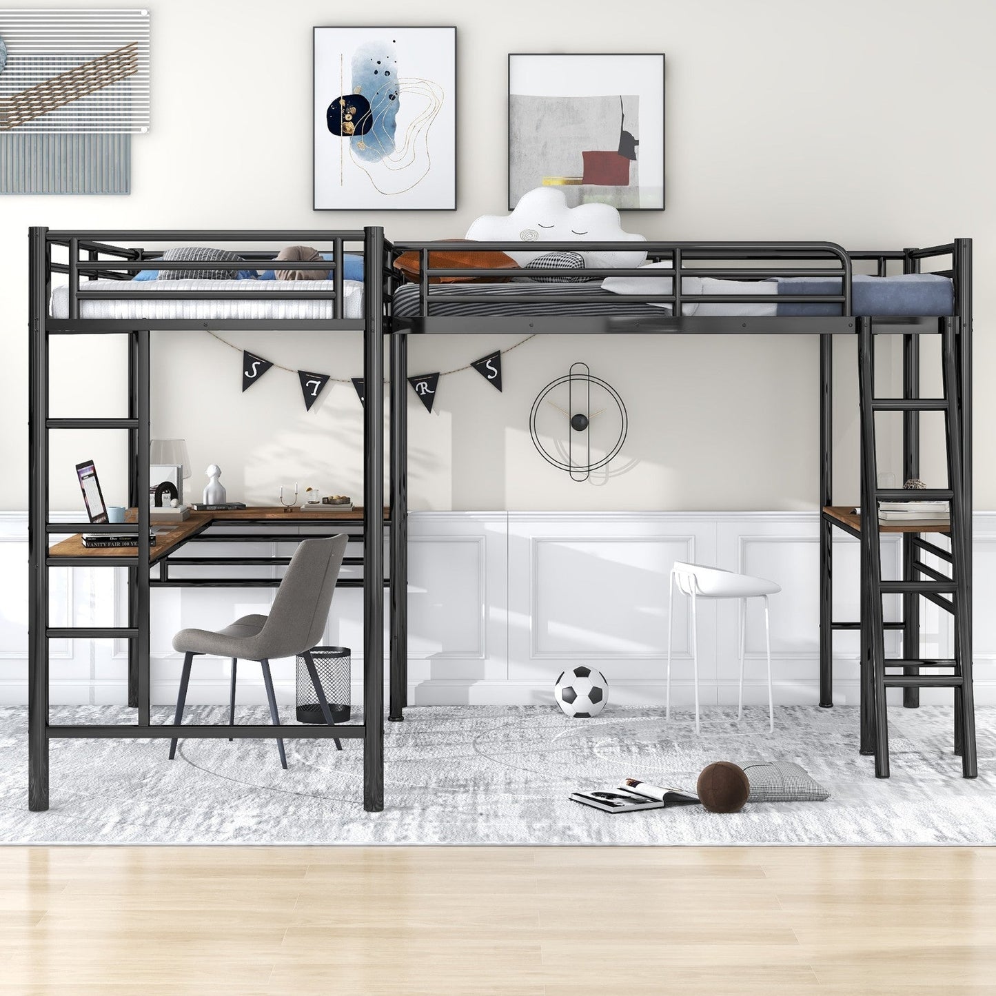 Twin-Size Metal Loft Bed with Two Built-in Desks