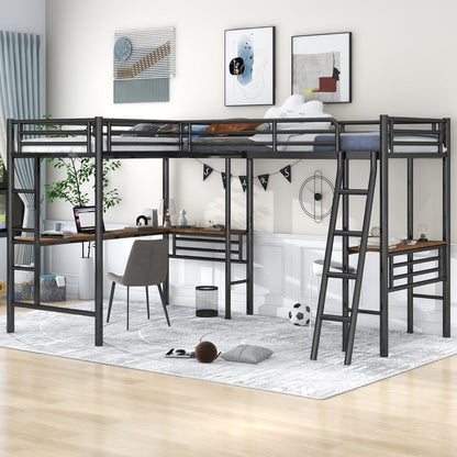 Twin-Size Metal Loft Bed with Two Built-in Desks