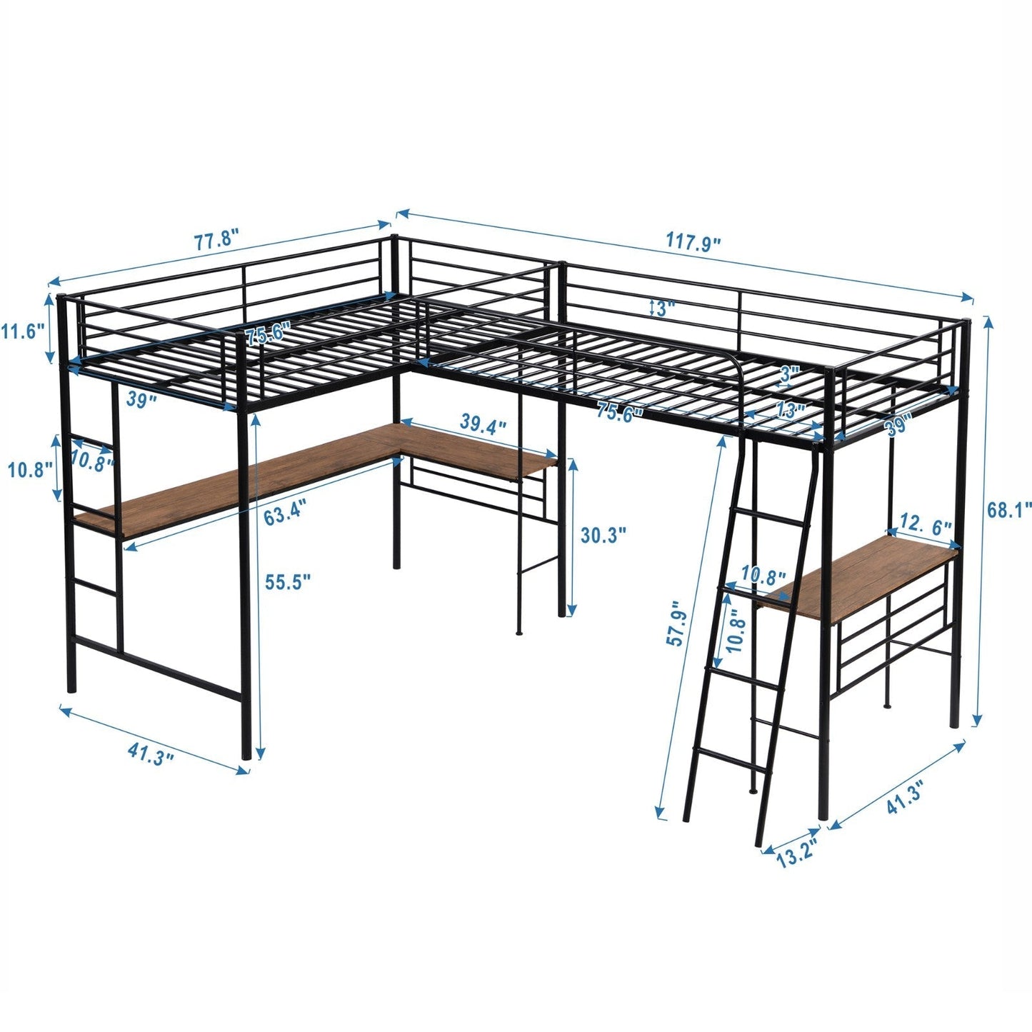 Twin-Size Metal Loft Bed with Two Built-in Desks