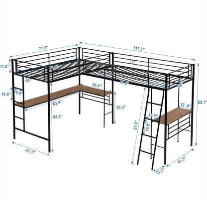 Twin-Size Metal Loft Bed with Two Built-in Desks