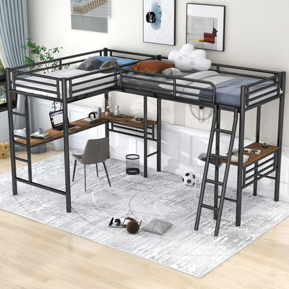 Twin-Size Metal Loft Bed with Two Built-in Desks