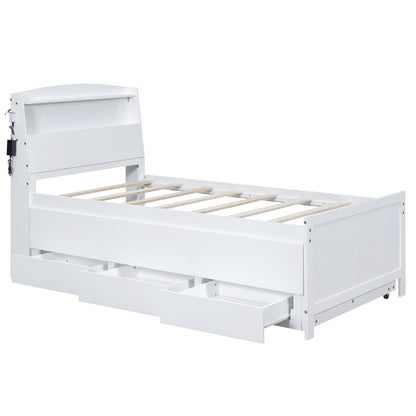 Twin Size Platform Bed with Storage, LED Headboard, Twin Size Trundle, and 3 Drawers