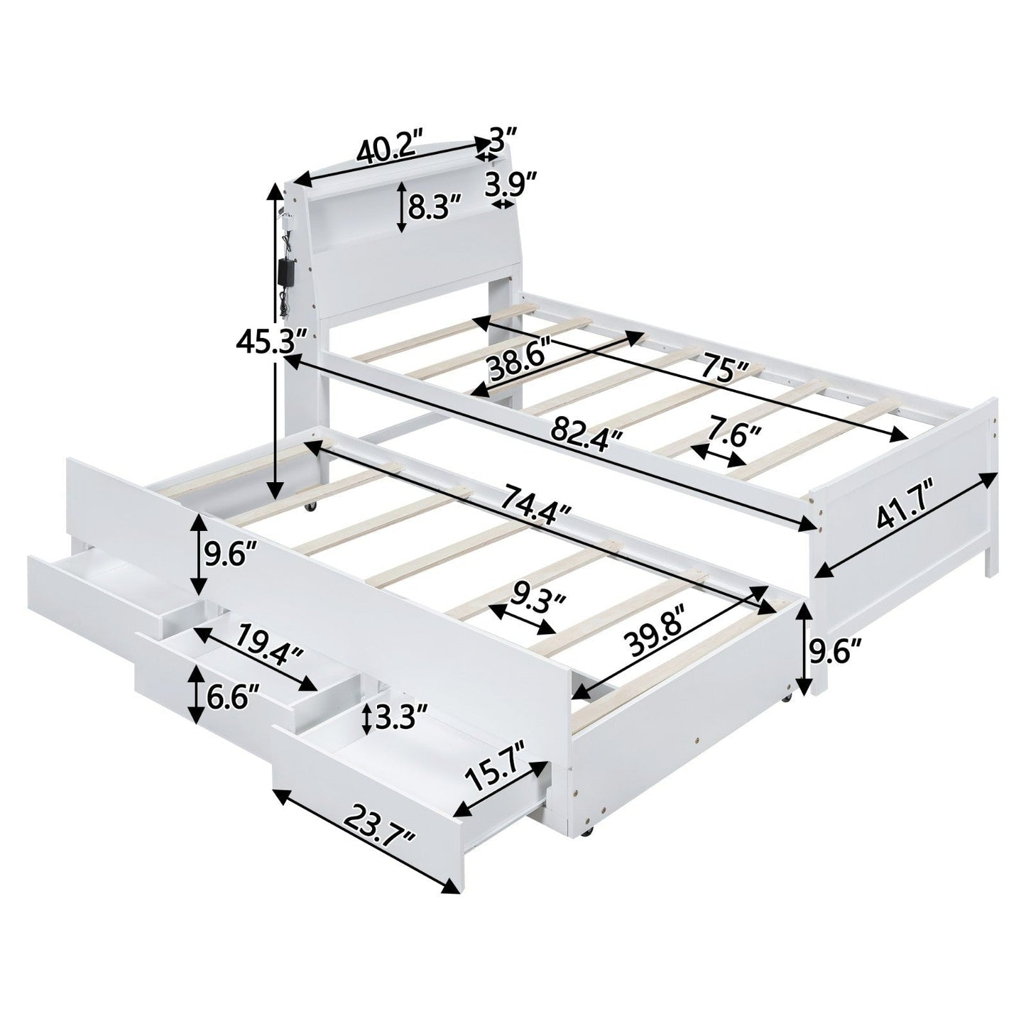 Twin Size Platform Bed with Storage, LED Headboard, Twin Size Trundle, and 3 Drawers