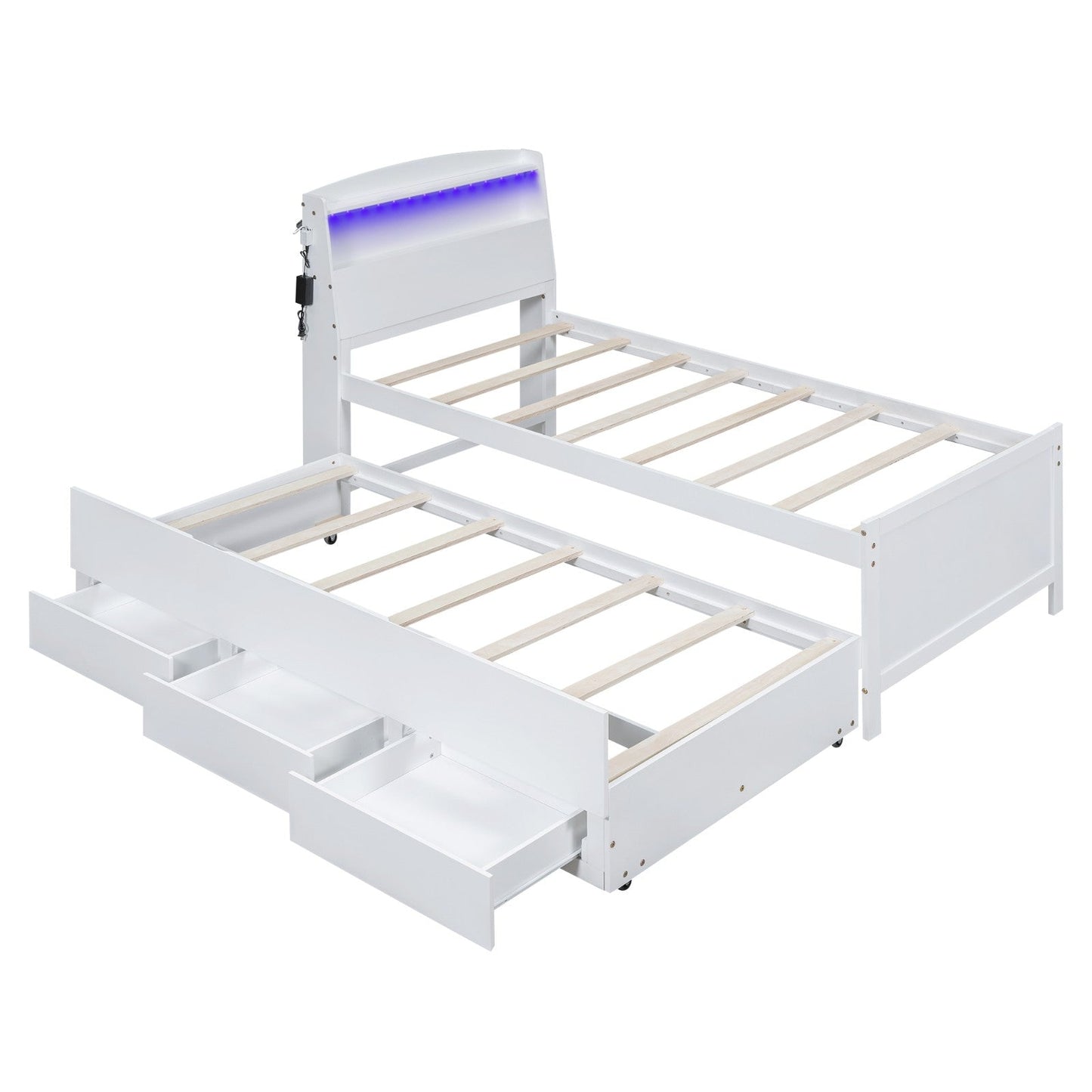 Twin Size Platform Bed with Storage, LED Headboard, Twin Size Trundle, and 3 Drawers