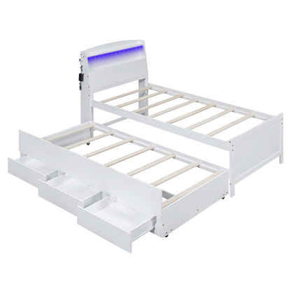 Twin Size Platform Bed with Storage, LED Headboard, Twin Size Trundle, and 3 Drawers