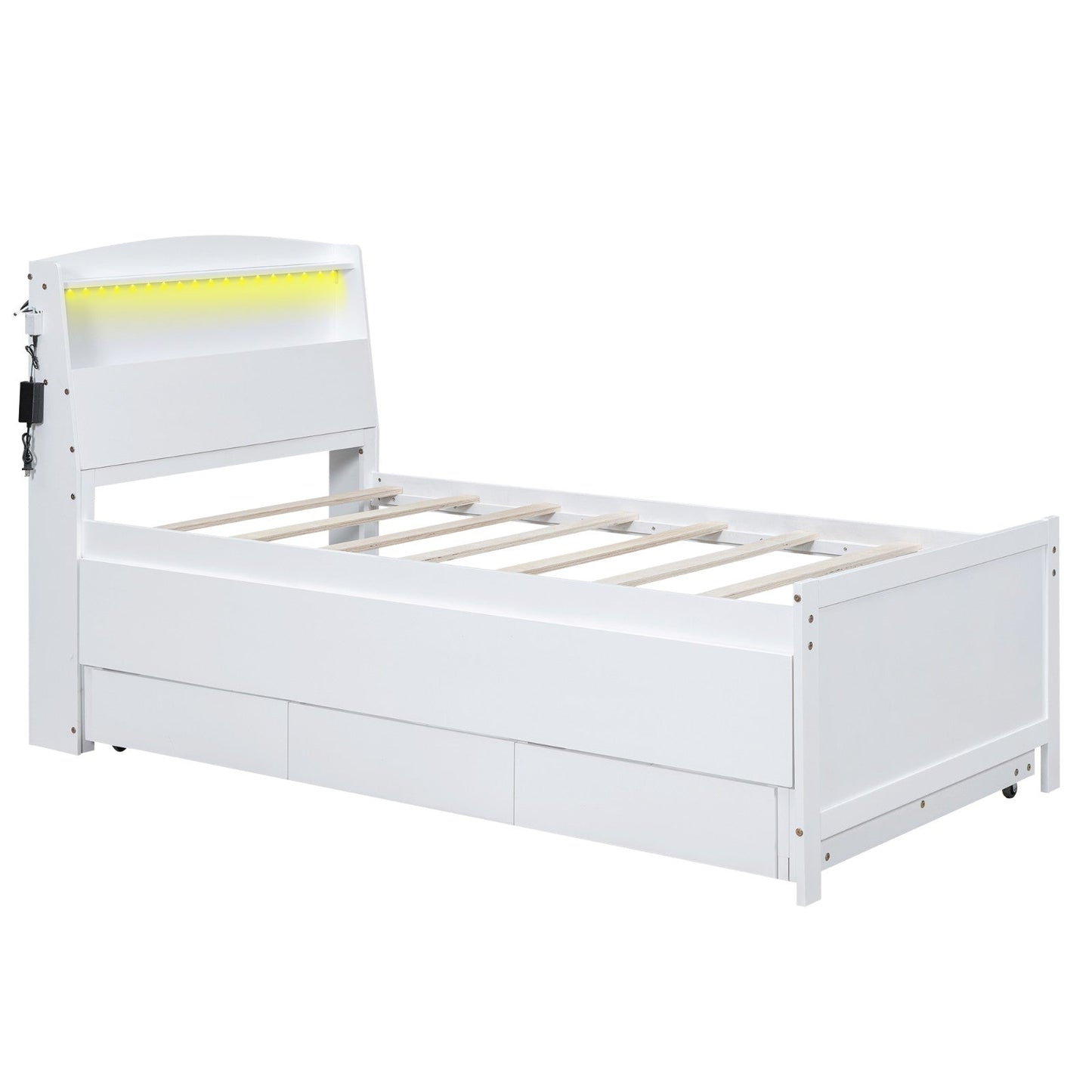 Twin Size Platform Bed with Storage, LED Headboard, Twin Size Trundle, and 3 Drawers