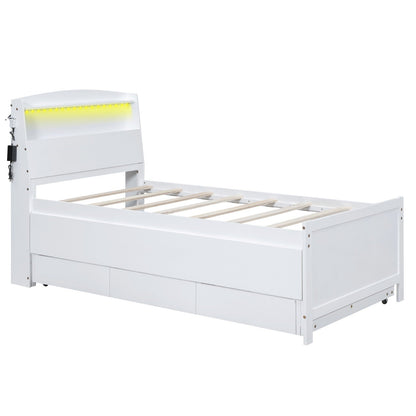 Twin Size Platform Bed with Storage, LED Headboard, Twin Size Trundle, and 3 Drawers