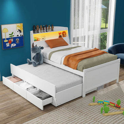 Twin Size Platform Bed with Storage, LED Headboard, Twin Size Trundle, and 3 Drawers