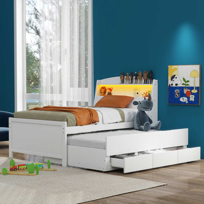 Twin Size Platform Bed with Storage, LED Headboard, Twin Size Trundle, and 3 Drawers