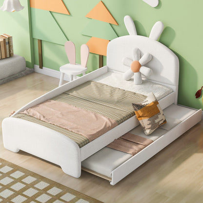 Twin Size Upholstered Platform Bed with Cartoon Ears Shaped Headboard and Trundle