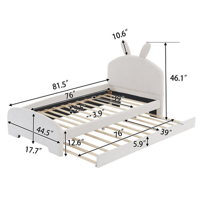 Twin Size Upholstered Platform Bed with Cartoon Ears Shaped Headboard and Trundle