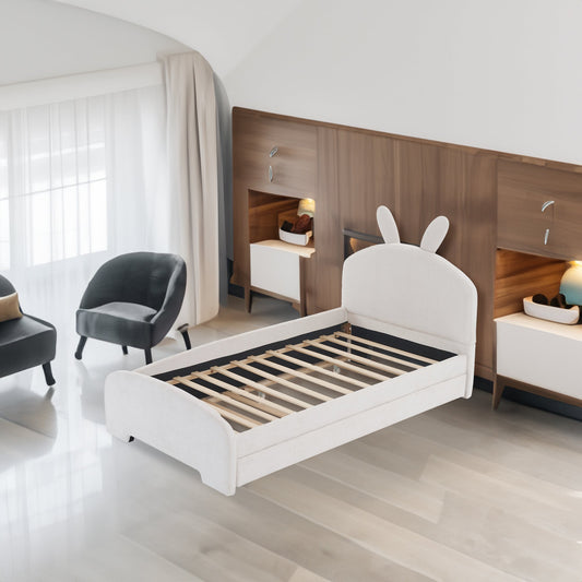 Twin Size Upholstered Platform Bed with Cartoon Ears Shaped Headboard and Trundle