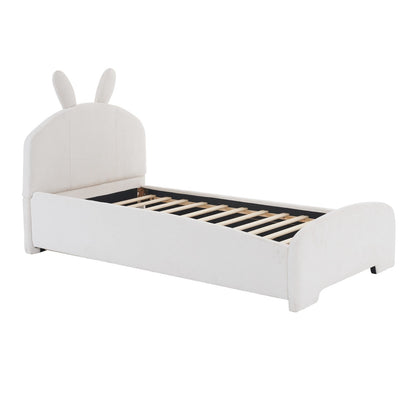 Twin Size Upholstered Platform Bed with Cartoon Ears Shaped Headboard and Trundle