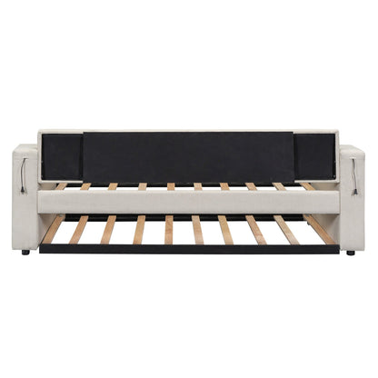 Twin Size Upholstery Daybed with Storage, Arms, Trundle, and USB Design