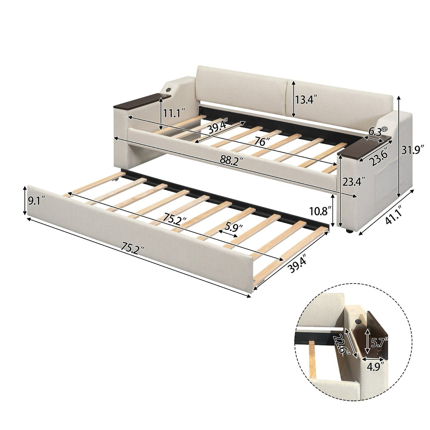 Twin Size Upholstery Daybed with Storage, Arms, Trundle, and USB Design