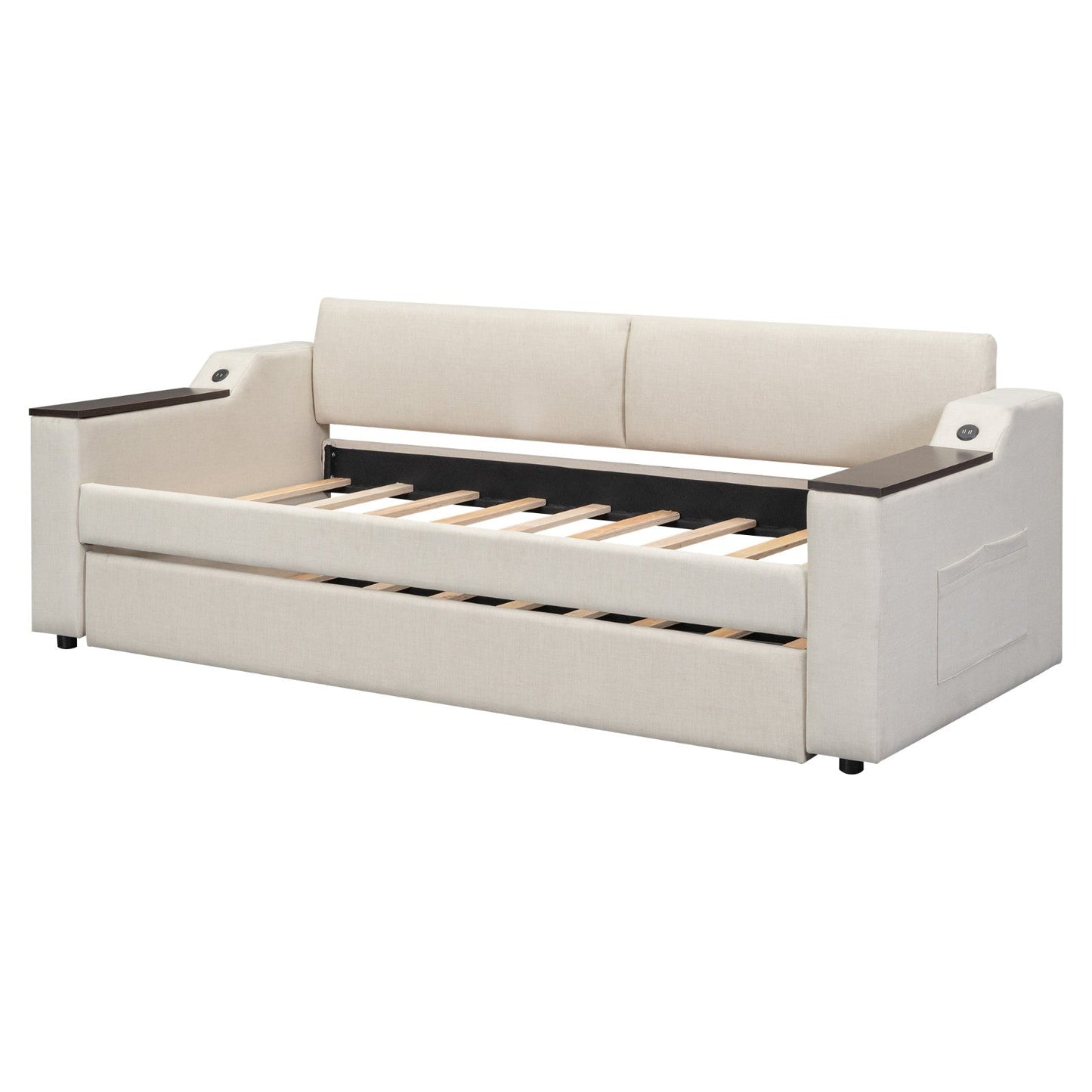 Twin Size Upholstery Daybed with Storage, Arms, Trundle, and USB Design