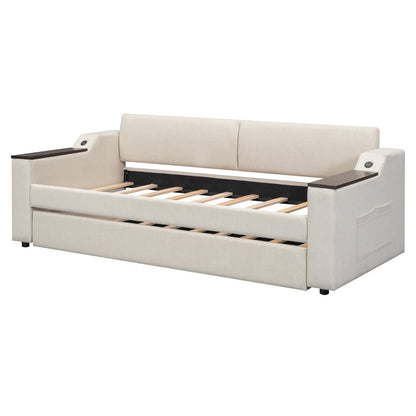 Twin Size Upholstery Daybed with Storage, Arms, Trundle, and USB Design