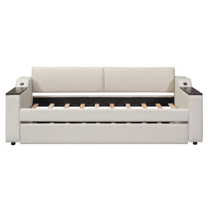 Twin Size Upholstery Daybed with Storage, Arms, Trundle, and USB Design