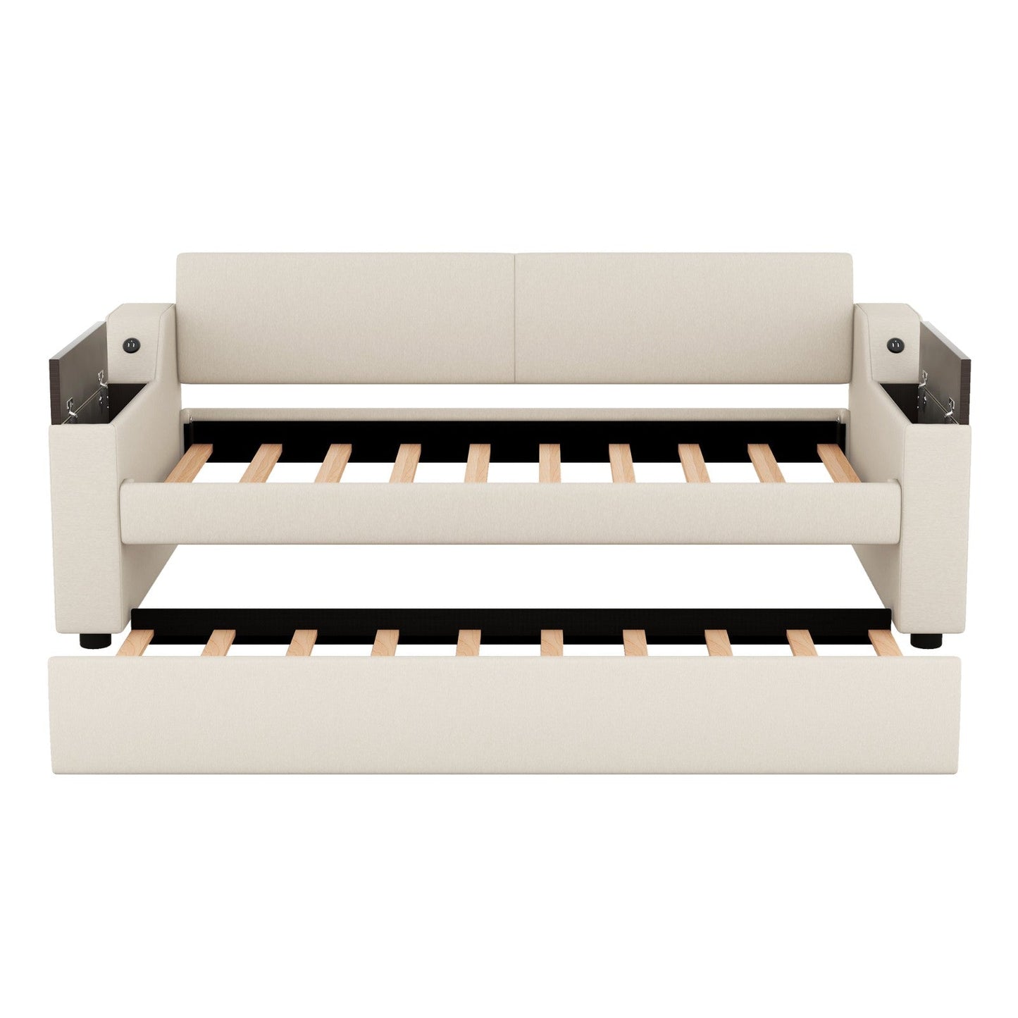 Twin Size Upholstery Daybed with Storage, Arms, Trundle, and USB Design