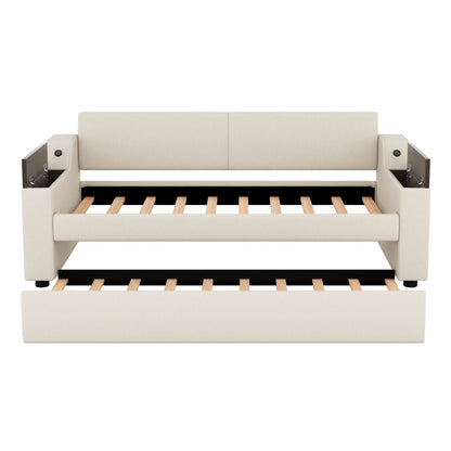 Twin Size Upholstery Daybed with Storage, Arms, Trundle, and USB Design