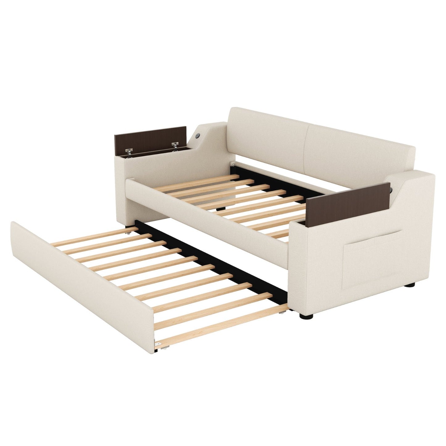 Twin Size Upholstery Daybed with Storage, Arms, Trundle, and USB Design