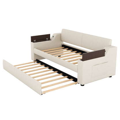 Twin Size Upholstery Daybed with Storage, Arms, Trundle, and USB Design