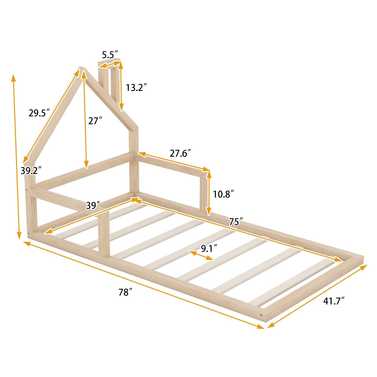 Twin Size Wood Floor Bed with House-shaped Headboard Natural