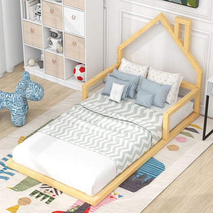 Twin Size Wood Floor Bed with House-shaped Headboard Natural