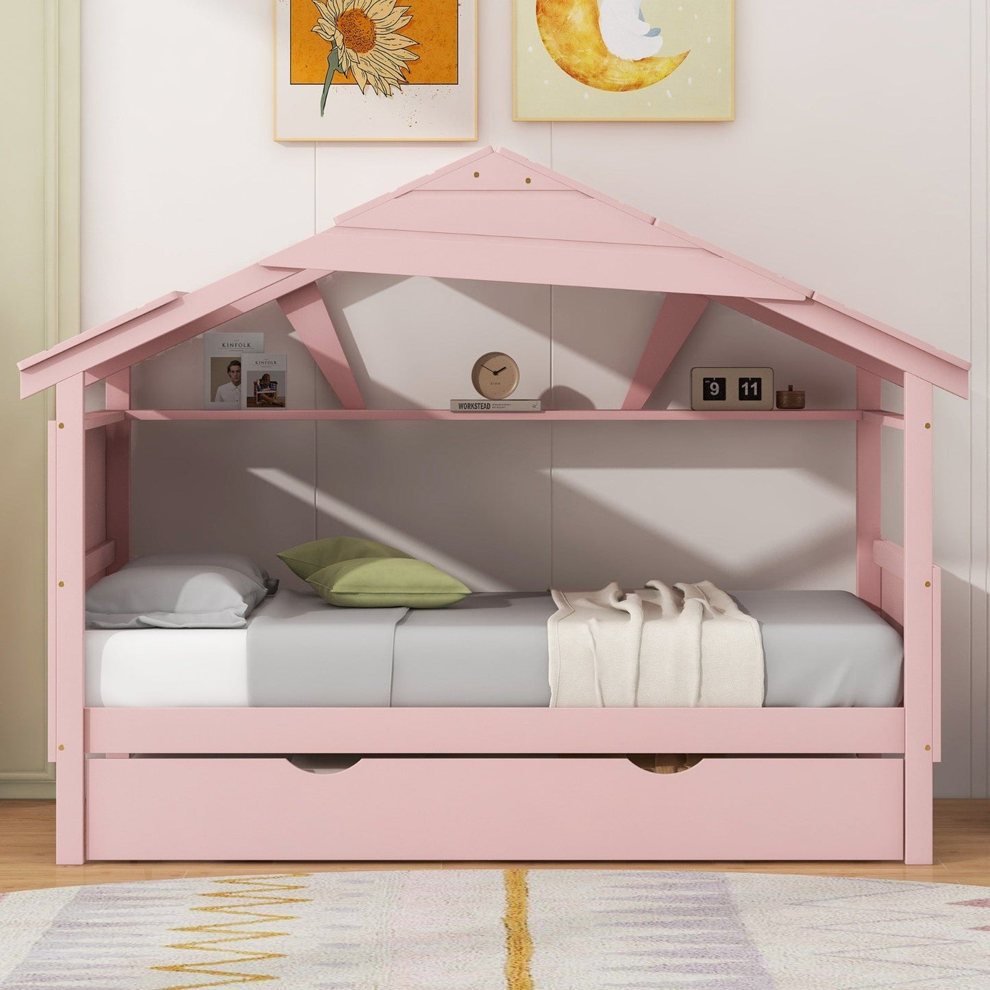 Twin Size Wood House Bed with Trundle and Storage