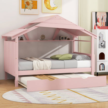 Twin Size Wood House Bed with Trundle and Storage