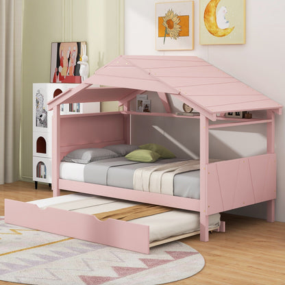 Twin Size Wood House Bed with Trundle and Storage