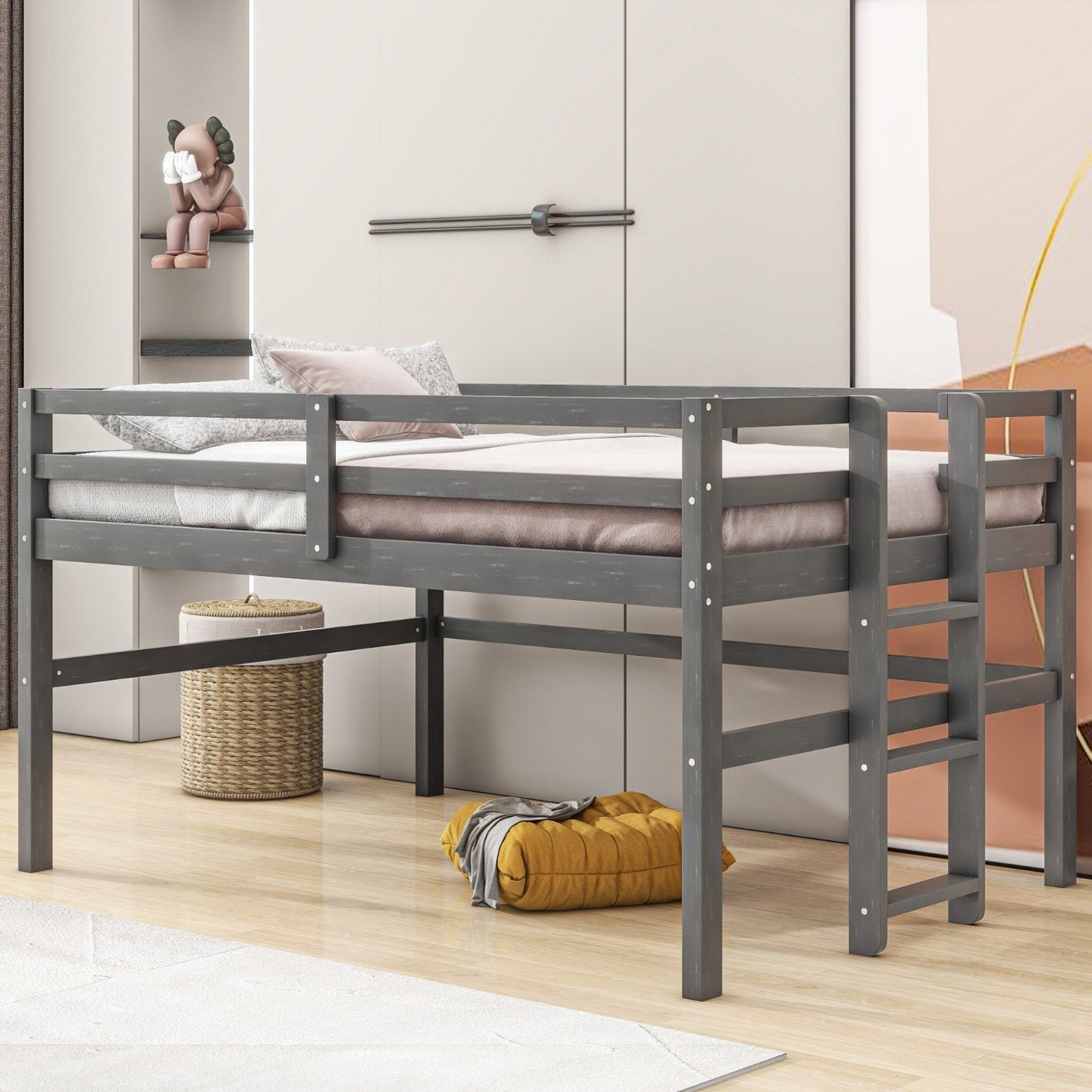 Twin Size Wood Loft Bed with Side Ladder