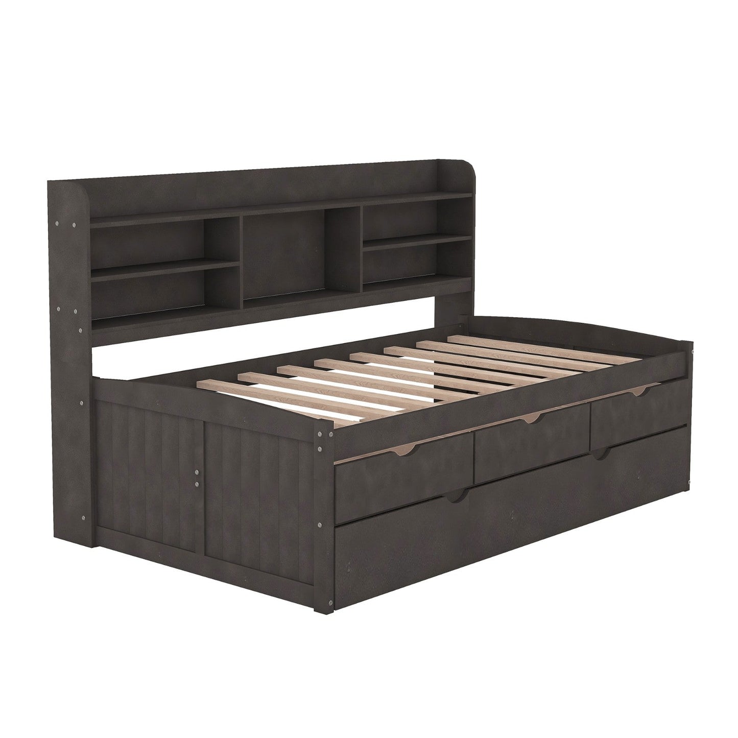 Twin Size Wooden Captain Bed with Built-in Bookshelves, Three Storage Drawers, and Trundle