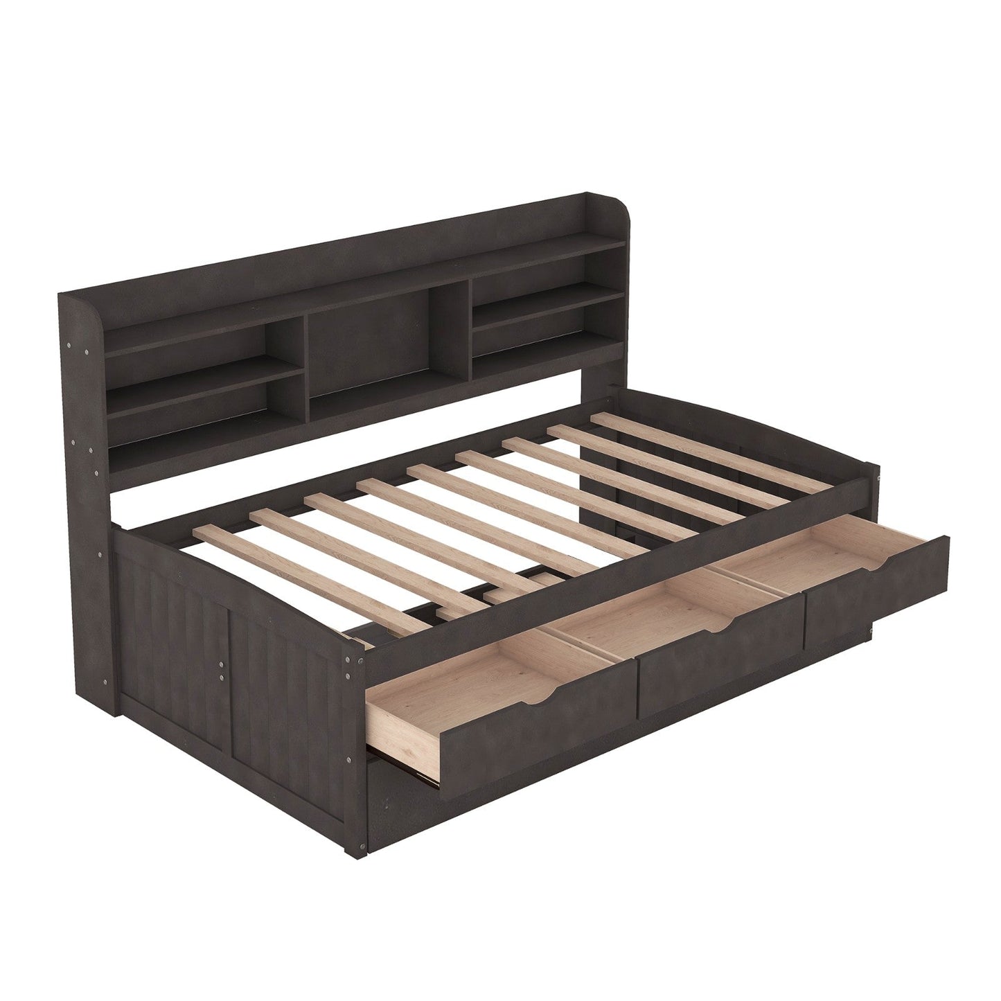 Twin Size Wooden Captain Bed with Built-in Bookshelves, Three Storage Drawers, and Trundle