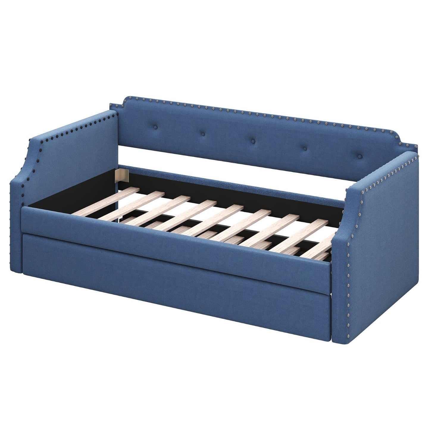 Upholstered Daybed with Trundle, Wood Slat Support, Upholstered Frame Sofa Bed