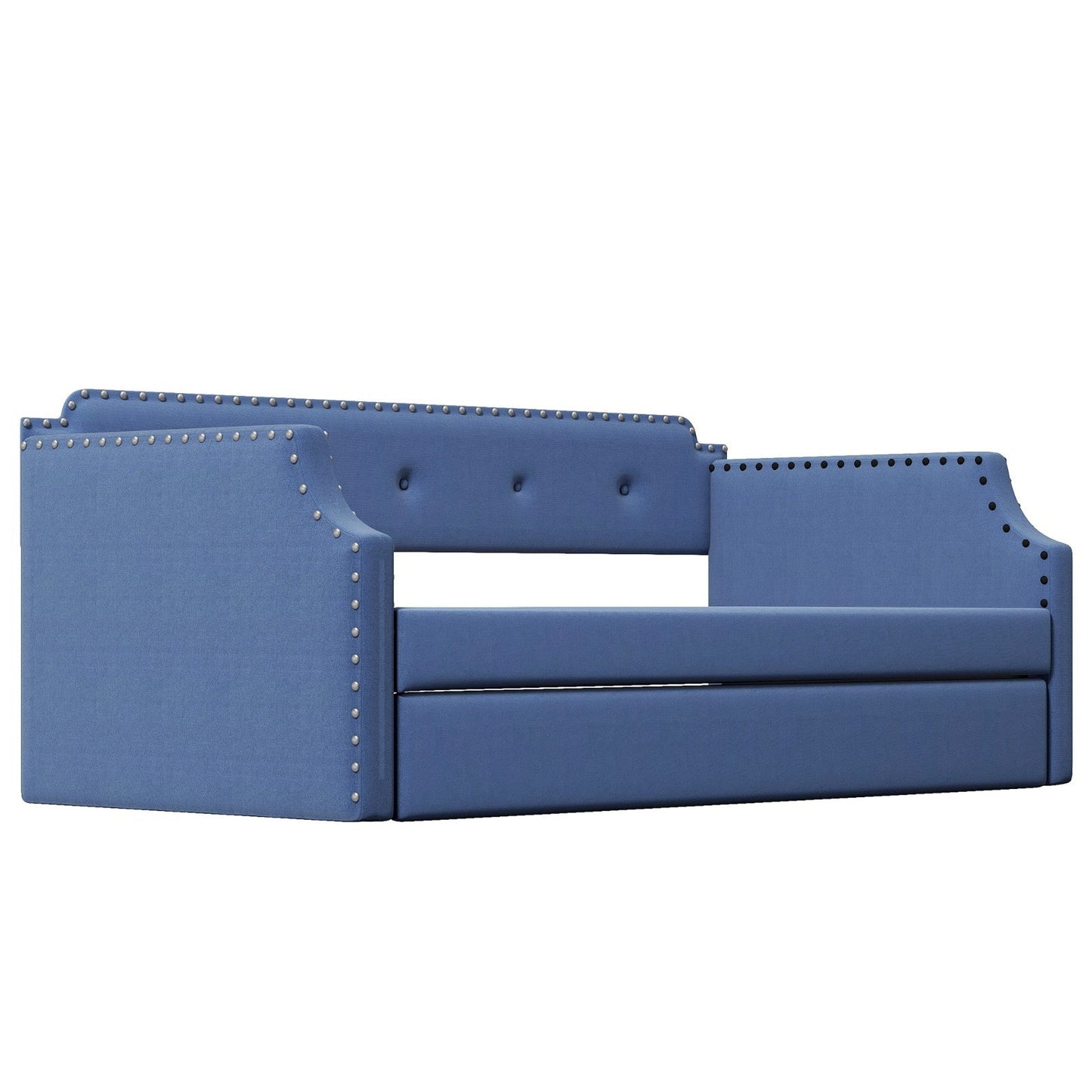 Upholstered Daybed with Trundle, Wood Slat Support, Upholstered Frame Sofa Bed