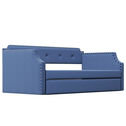 Upholstered Daybed with Trundle, Wood Slat Support, Upholstered Frame Sofa Bed