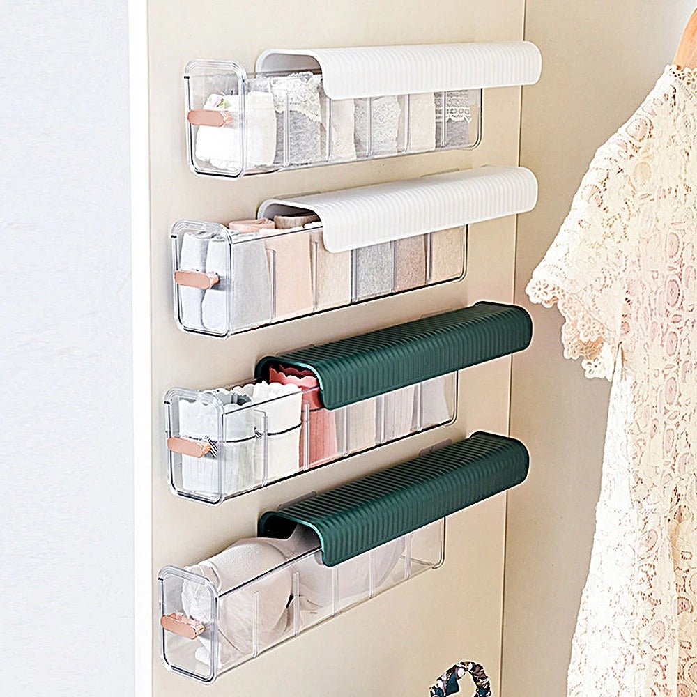 Wall Mounted Storage Box -  6 Cell Drawer Acrylic Organizers Self-Adhesive Anti Dust Storage Boxes for Clothes, Socks, Lingerie and Underwear