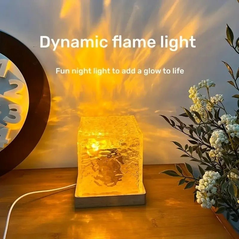Water Ripple Cube Crystal Projector Lamp - 16 Colors Flame Crystal Lamp for Living Room, Study Room and Bedroom Rotating Light