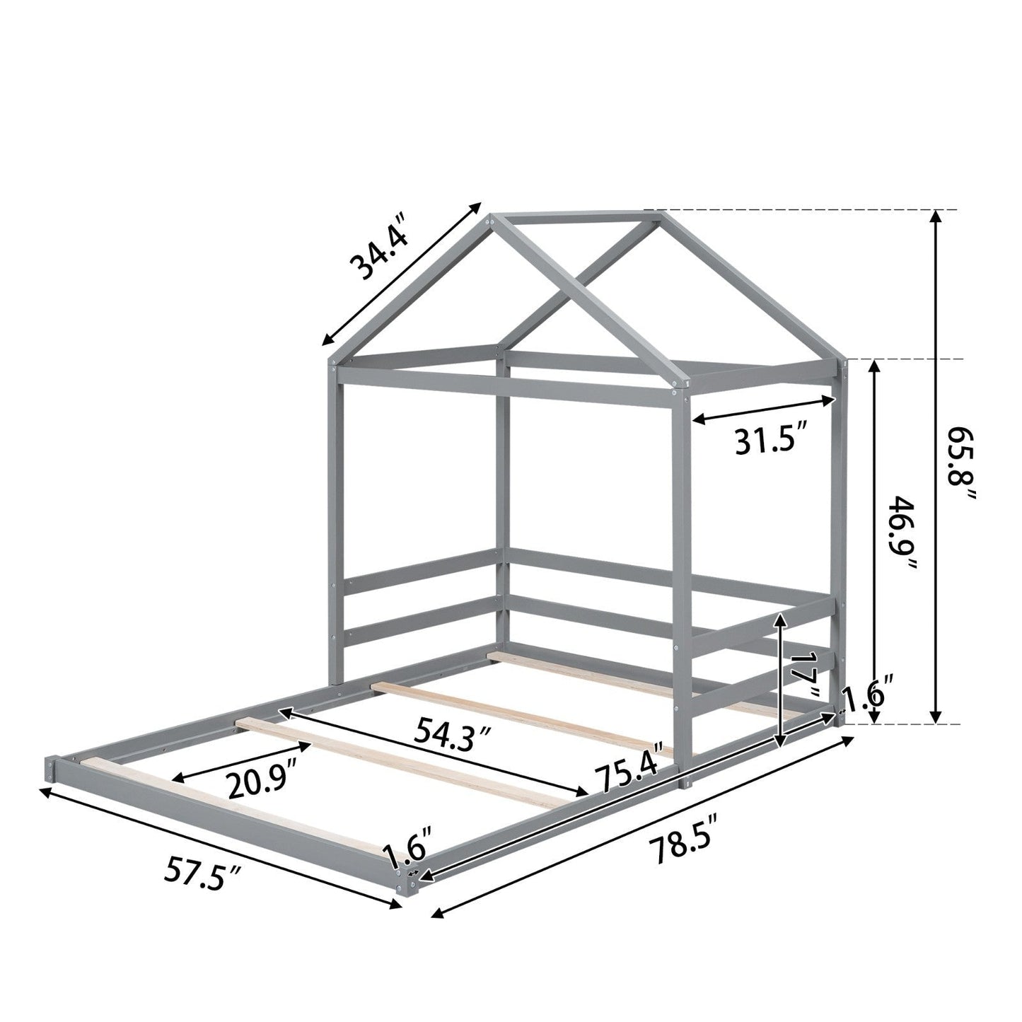 Wood Full Size House Bed with Guardrail