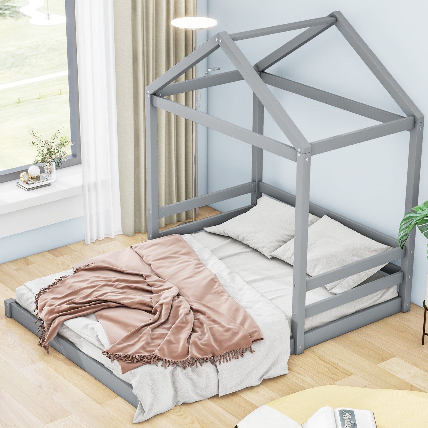 Wood Full Size House Bed with Guardrail