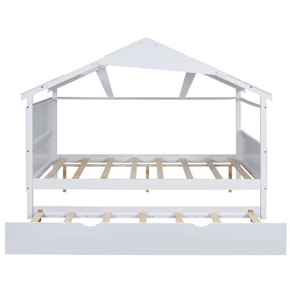Wood Full Size House Bed with Twin Size Trundle and Storage