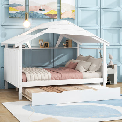 Wood Full Size House Bed with Twin Size Trundle and Storage