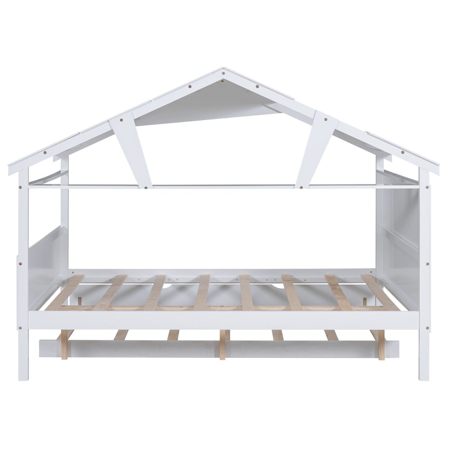 Wood Full Size House Bed with Twin Size Trundle and Storage