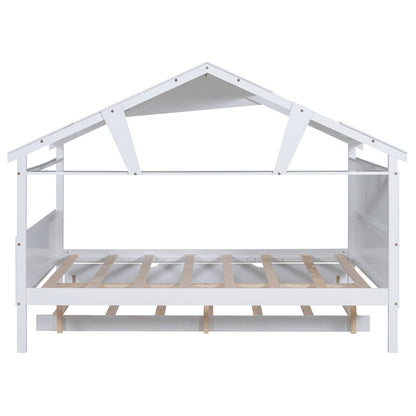 Wood Full Size House Bed with Twin Size Trundle and Storage